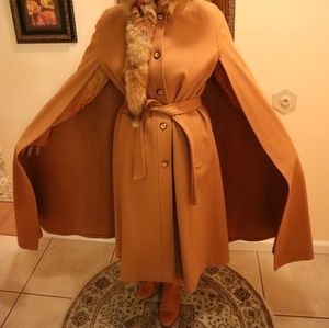 Women's Camel Hair Cape Coat with Fox Trim Hood